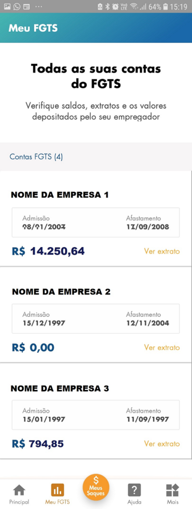 Seção "Meu Extrato" do aplicativo "Meu FGTS"