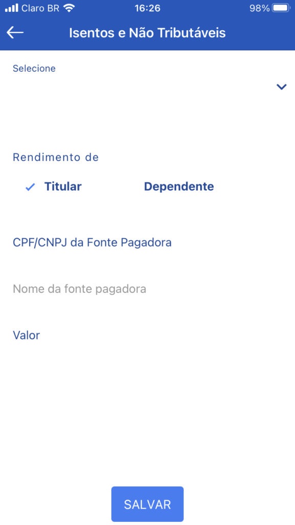 Seção "Isentos e Não Tributáveis" do aplicativo "IRPF".