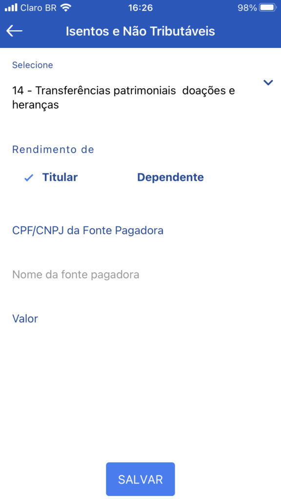 Após clicar em “Bens e Direitos”, preencha os campos igual a como foi ensinado para o Programa do IR.