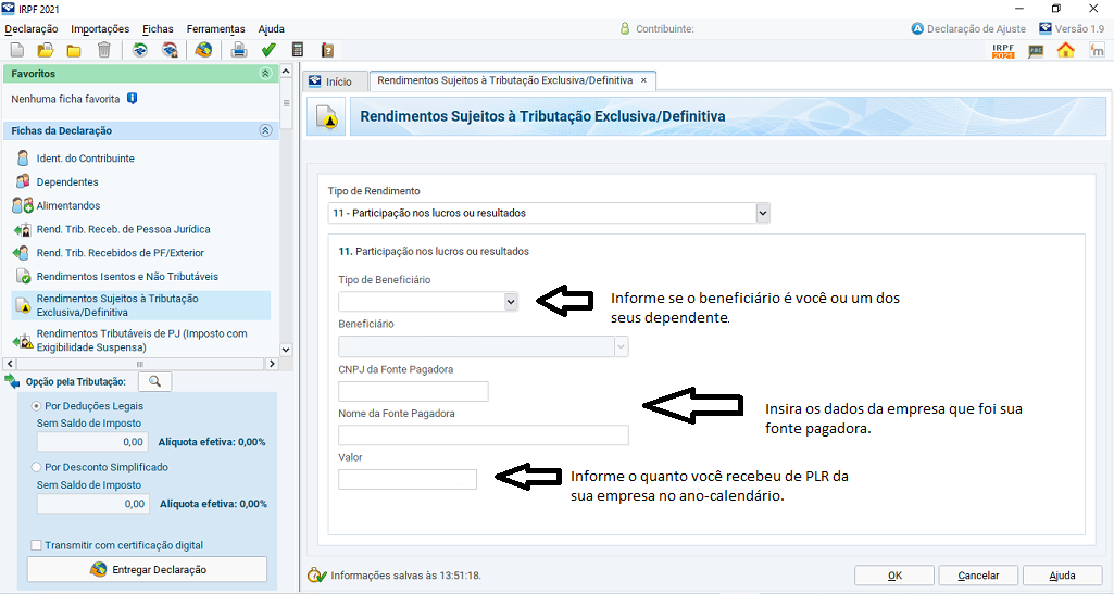 Modelo de como deve ser preenchida sua ficha "Rendimentos Sujeitos à Tributação Exclusiva/definitiva" para declarar PLR no Imposto de Renda.