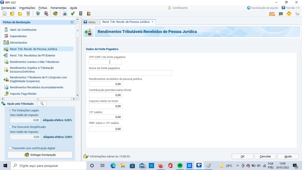 Ficha "Rendimentos  Tributáveis Recebidos de Pessoa Jurídica" do Programa do IR.