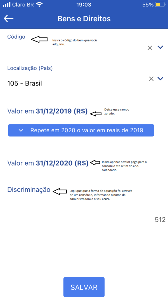 Instruções sobre como incluir um bem adquirido através no Imposto de Renda.