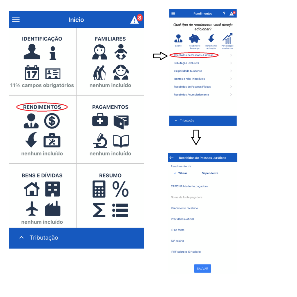 Seções que você deve clicar para declarar Pro labore no seu Imposto de Renda.