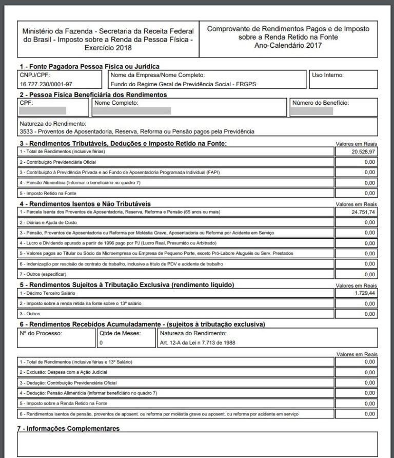 Informe de rendimentos do INSS.