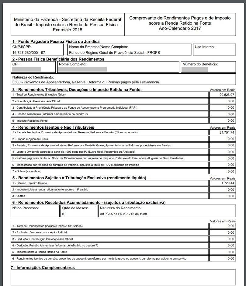 Informe de rendimentos do INSS.