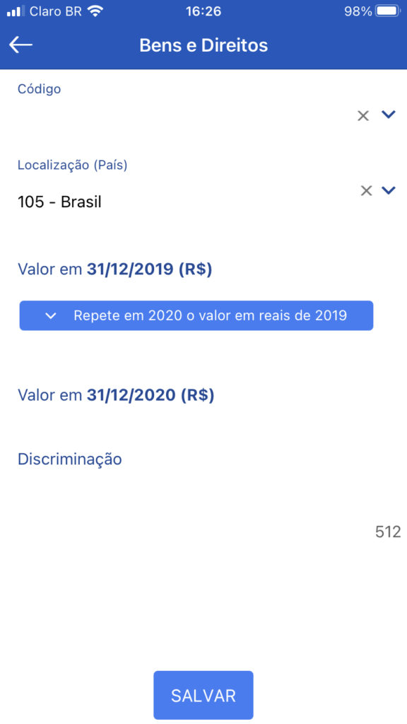 Seção "Bens e Direitos" do aplicativo "IRPF".