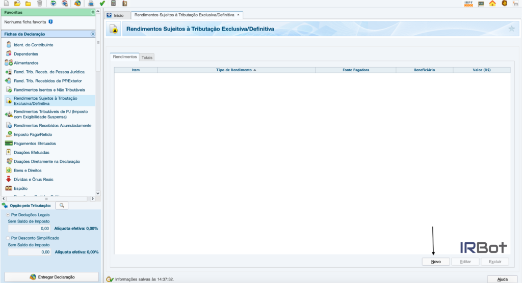 Onde encontrar "Novo" na ficha "Rendimentos Sujeitos à Tributação Exclusiva/Definitiva".