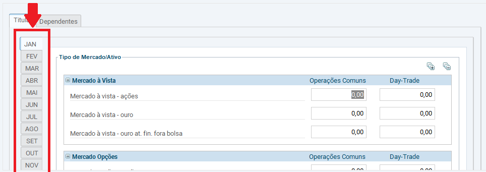 Como selecionar o mês de referência do DARF de ações. 