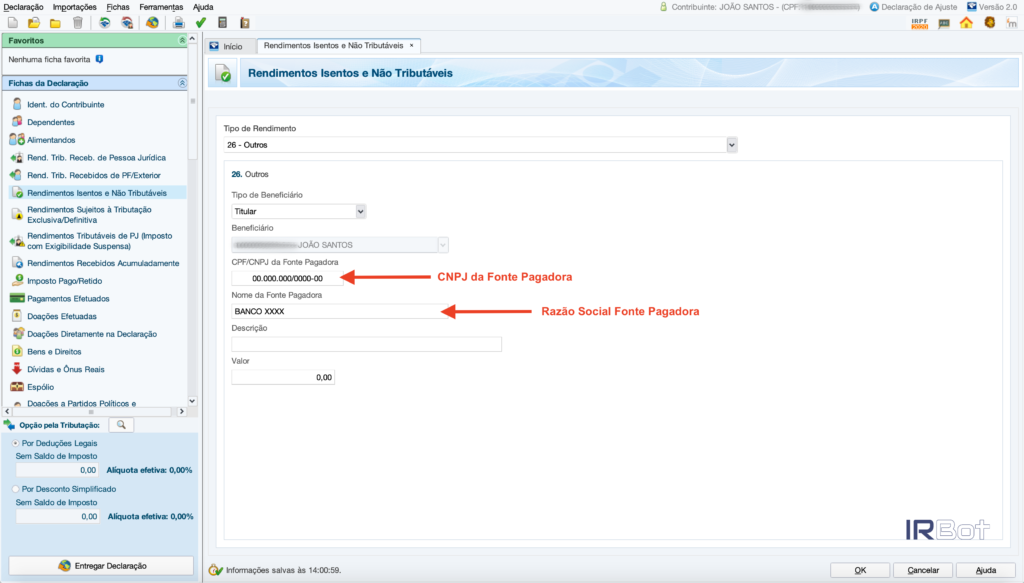 Onde informar CNPJ e Razão Social da Fonte Pagadora para declarar Fundos Imobiliários