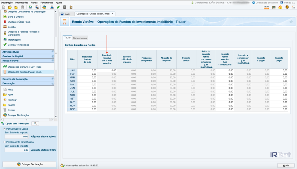 Onde encontrar a coluna “Resultado negativo até o mês anterior” - declarando Fundos Imobiliários