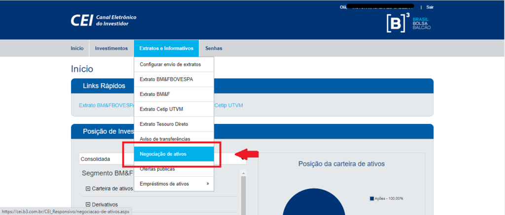 Onde encontrar a opção "Negociação de ativos" - declarando Fundos Imobiliários