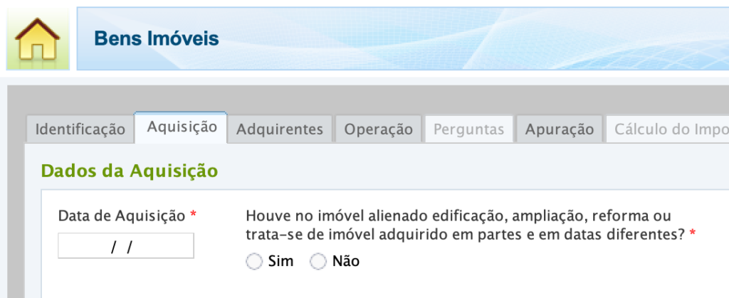 Aba "aquisição" na ficha "Bens Imóveis"