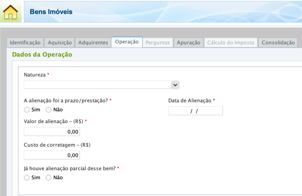 Aba "operação" na ficha "Bens Imóveis" do GCap